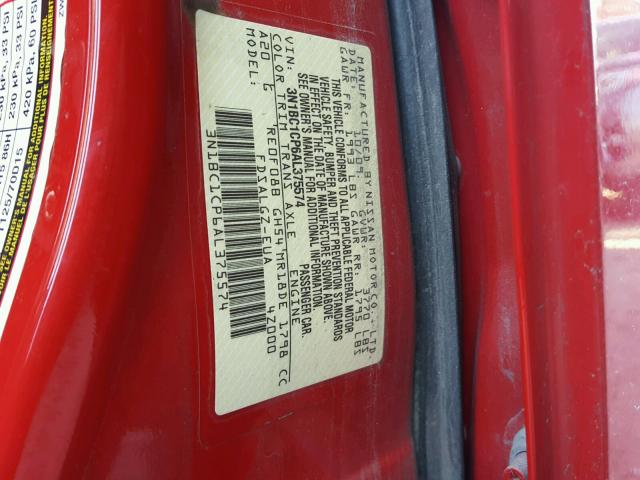 3N1BC1CP6AL375574 - 2010 NISSAN VERSA S RED photo 10