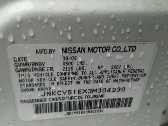 JNKCV51EX3M304230 - 2003 INFINITI G35 WHITE photo 10