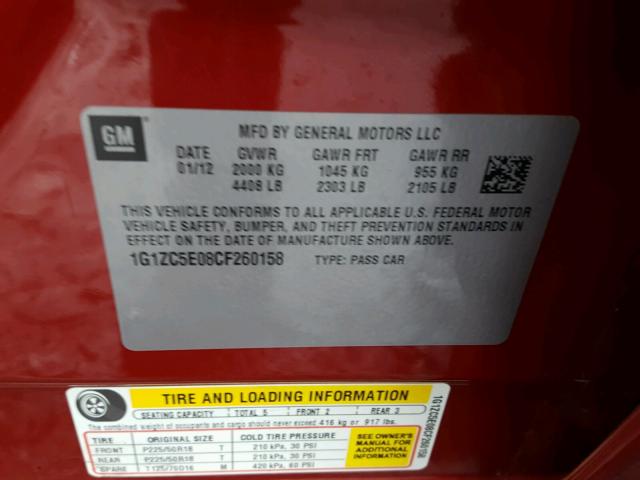 1G1ZC5E08CF260158 - 2012 CHEVROLET MALIBU 1LT 红色 照片 10