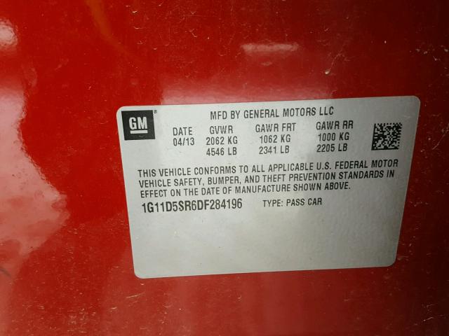 1G11D5SR6DF284196 - 2013 CHEVROLET MALIBU 1LT 红色 照片 10