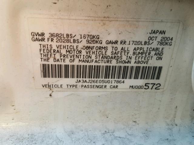 JA3AJ26E05U017864 - 2005 MITSUBISHI LANCER ES WHITE photo 10