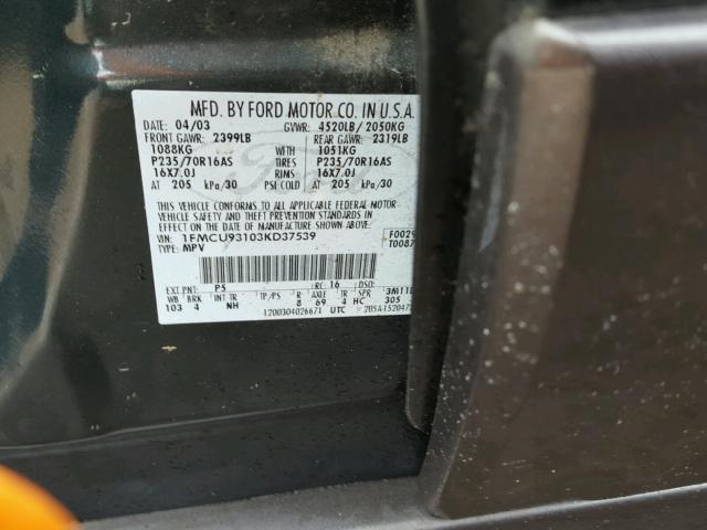 1FMCU93103KD37539 - 2003 FORD ESCAPE XLT GREEN photo 10