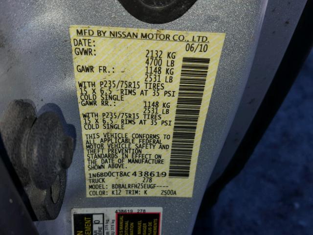 1N6BD0CT8AC438619 - 2010 NISSAN FRONTIER K SILVER photo 10