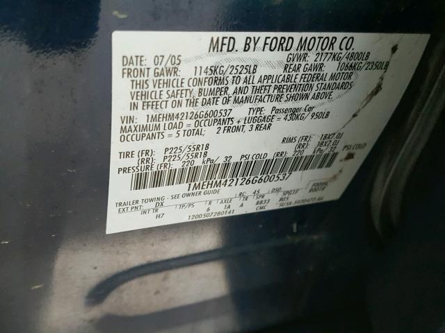 1MEHM42126G600537 - 2006 MERCURY MONTEGO PR 蓝色 照片 10