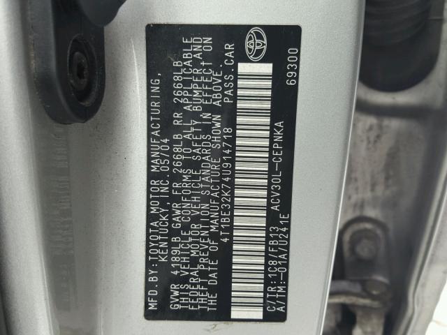 4T1BE32K74U914718 - 2004 TOYOTA CAMRY LE SILVER photo 10