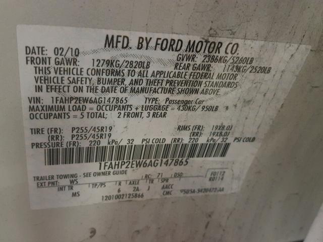 1FAHP2EW6AG147865 - 2010 FORD TAURUS SEL WHITE photo 10