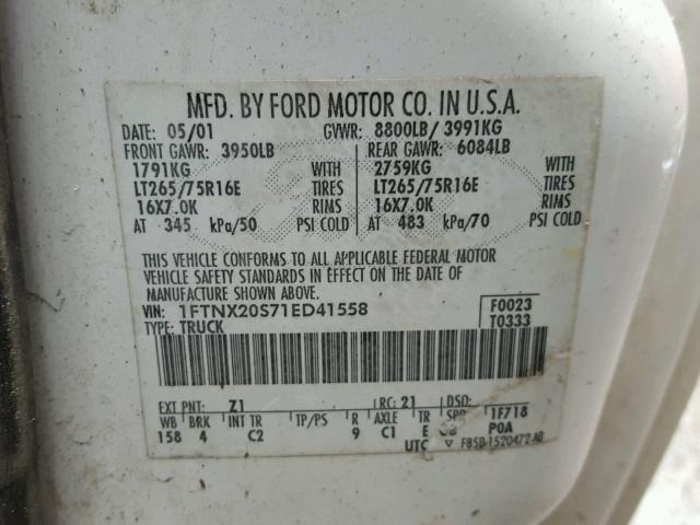 1FTNX20S71ED41558 - 2001 FORD F250 SUPER WHITE photo 10