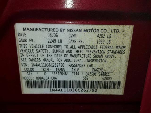 1N4AL11D36C262790 - 2006 NISSAN ALTIMA S RED photo 10