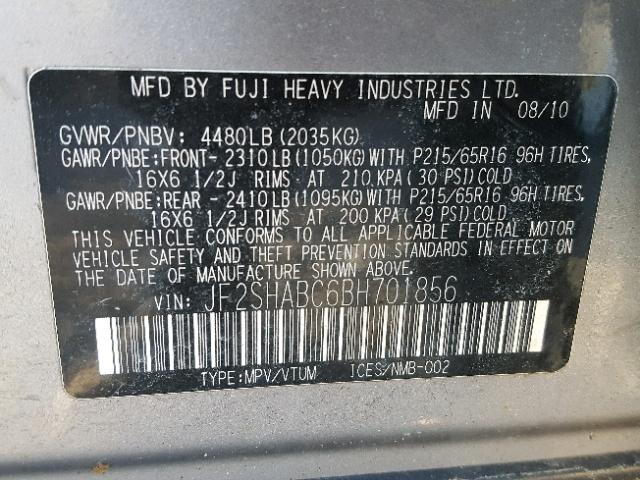 JF2SHABC6BH701856 - 2011 SUBARU FORESTER 2 GRAY photo 10