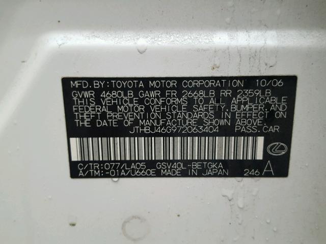 JTHBJ46G972063404 - 2007 LEXUS ES 350 WHITE photo 10