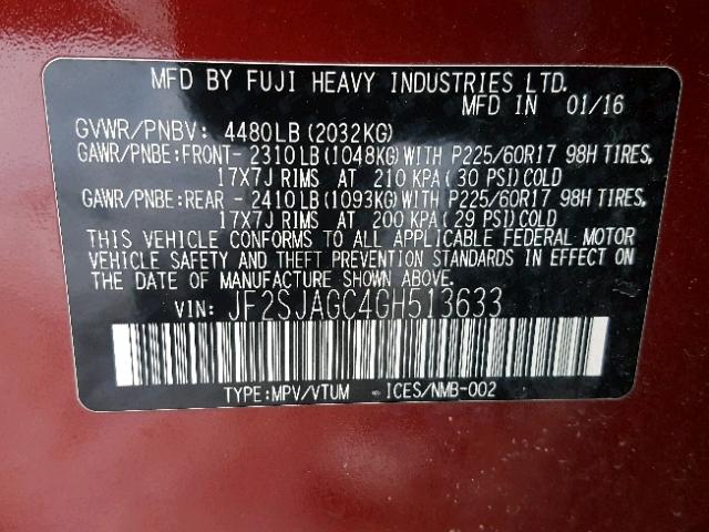 JF2SJAGC4GH513633 - 2016 SUBARU FORESTER 2 RED photo 10