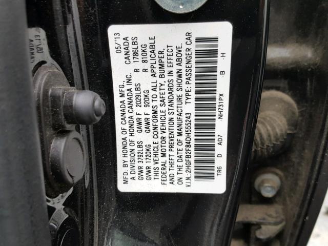 2HGFB2F84DH555243 - 2013 HONDA CIVIC EX BLACK photo 10