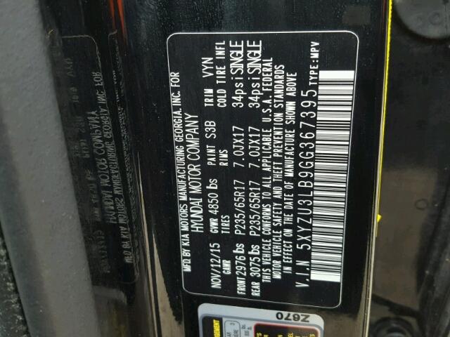 5XYZU3LB9GG367395 - 2016 HYUNDAI SANTA FE S 黑色 照片 10