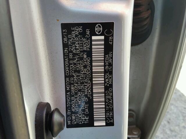 JTDKN3DP1D3045990 - 2013 TOYOTA PRIUS PLUG SILVER photo 10