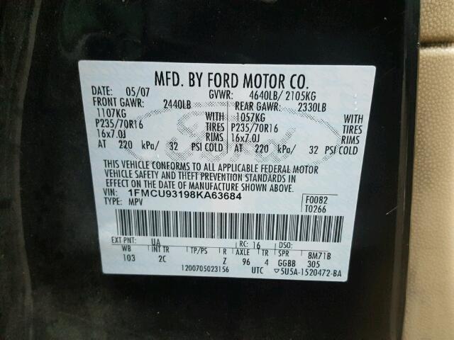 1FMCU93198KA63684 - 2008 FORD ESCAPE XLT BLACK photo 10