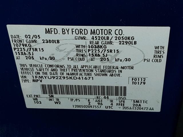 1FMYU92Z95KD41671 - 2005 FORD ESCAPE XLS BLUE photo 10