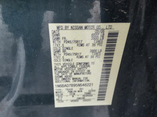 1N6BA07B95N546221 - 2005 NISSAN TITAN XE BLUE photo 10