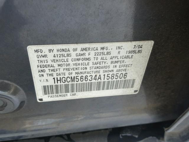 1HGCM56634A158506 - 2004 HONDA ACCORD EX CHARCOAL photo 10