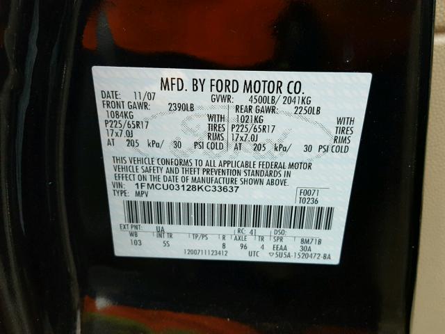 1FMCU03128KC33637 - 2008 FORD ESCAPE XLT BLACK photo 10