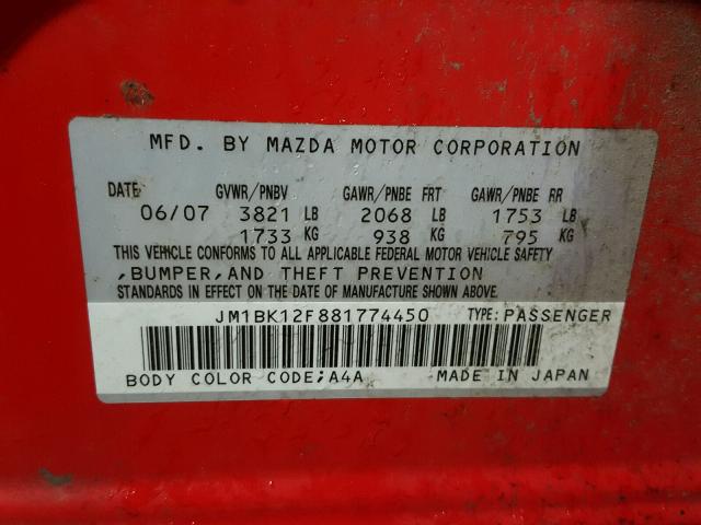 JM1BK12F881774450 - 2008 MAZDA 3 I RED photo 10