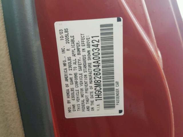 1HGCM82604A003421 - 2004 HONDA ACCORD EX RED photo 10