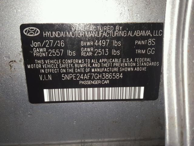 5NPE24AF7GH386584 - 2016 HYUNDAI SONATA SE GRAY photo 10