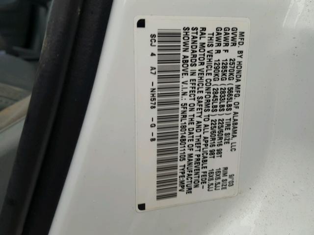 5FNRL18014B011105 - 2004 HONDA ODYSSEY EX WHITE photo 10