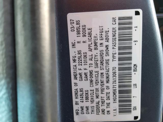 1HGCM56717A130670 - 2007 HONDA ACCORD EX BLUE photo 10