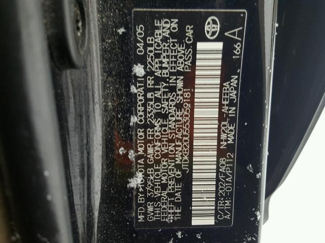 JTDKB20U553059181 - 2005 TOYOTA PRIUS BLACK photo 10