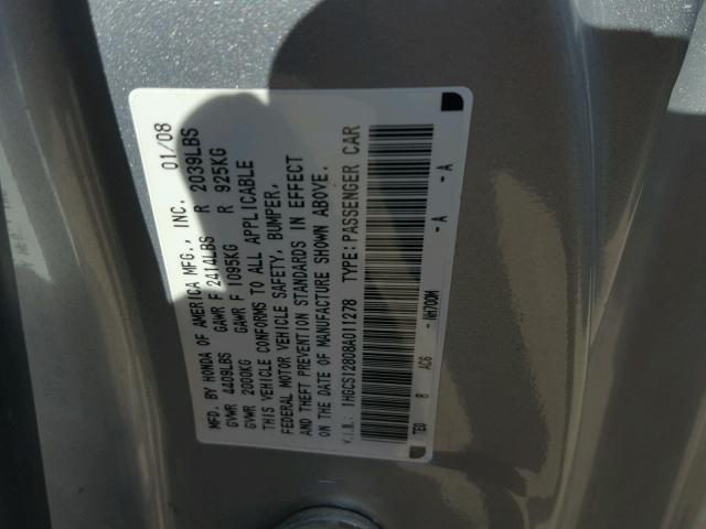 1HGCS12808A011278 - 2008 HONDA ACCORD EXL SILVER photo 10