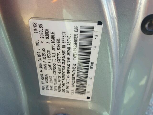 1HGCS22879A004500 - 2009 HONDA ACCORD EXL SILVER photo 10