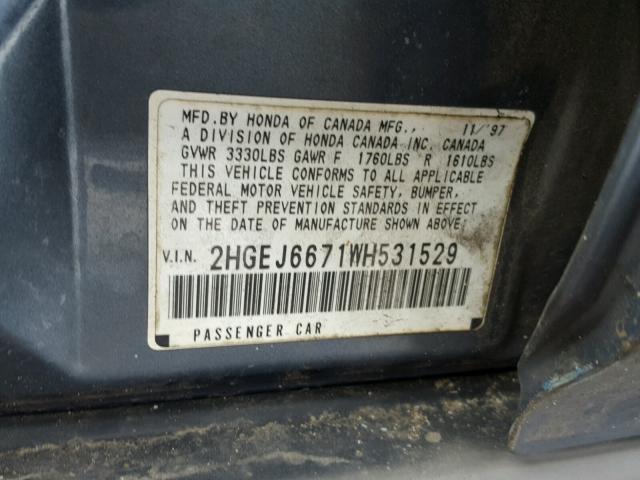 2HGEJ6671WH531529 - 1998 HONDA CIVIC LX GRAY photo 10