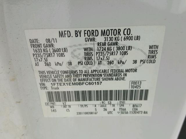 1FTEX1EM0BFC60157 - 2011 FORD F150 SUPER WHITE photo 10