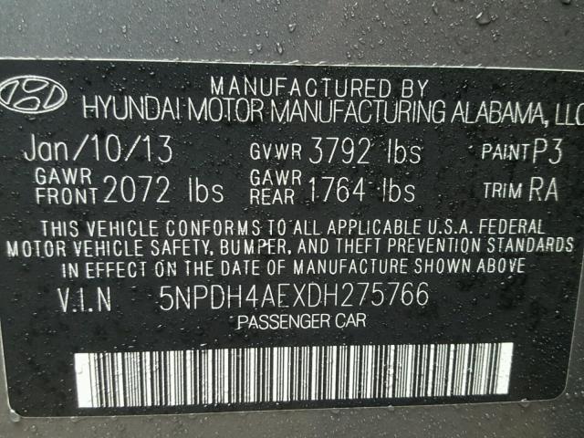 5NPDH4AEXDH275766 - 2013 HYUNDAI ELANTRA GL GRAY photo 10