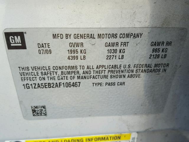 1G1ZA5EB2AF106467 - 2010 CHEVROLET MALIBU LS SILVER photo 10