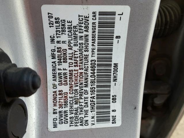 1HGFA16518L044603 - 2008 HONDA CIVIC LX SILVER photo 10