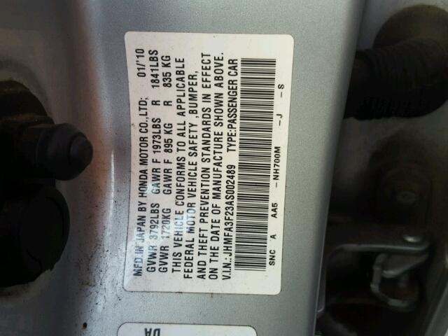 JHMFA3F23AS002489 - 2010 HONDA CIVIC HYBR SILVER photo 10