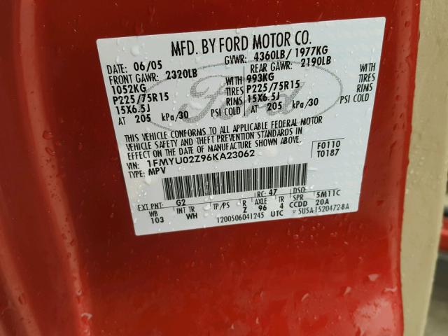 1FMYU02Z96KA23062 - 2006 FORD ESCAPE XLS RED photo 10