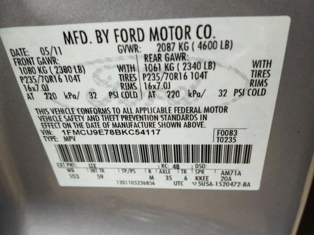 1FMCU9E78BKC54117 - 2011 FORD ESCAPE LIM SILVER photo 10