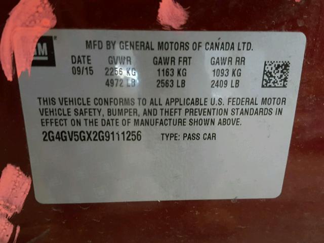 2G4GV5GX2G9111256 - 2016 BUICK REGAL GS Շագանակագույն լուսանկար 10