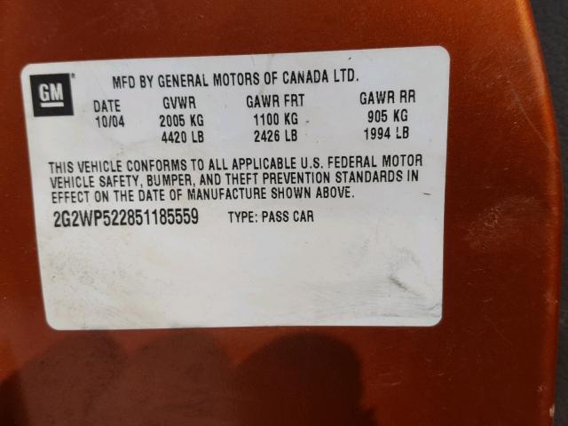 2G2WP522851185559 - 2005 PONTIAC GRAND PRIX ORANGE photo 10