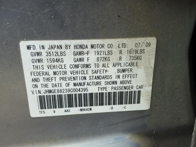 JHMGE88239C004395 - 2009 HONDA FIT CHARCOAL photo 10