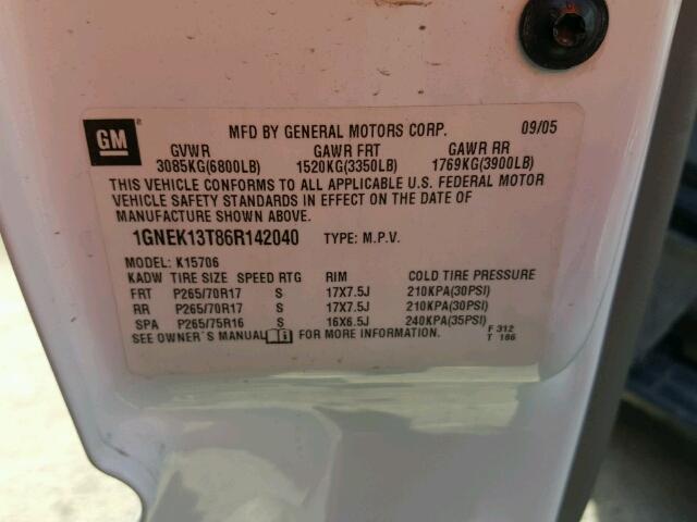 1GNEK13T86R142040 - 2006 CHEVROLET TAHOE K150 WHITE photo 10