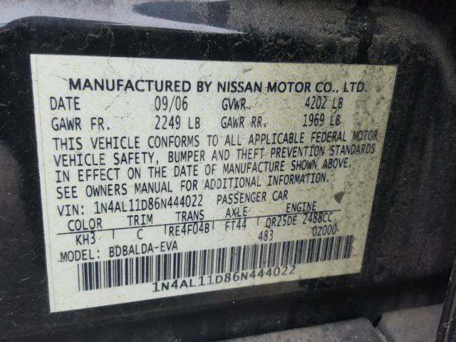 1N4AL11D86N444022 - 2006 NISSAN ALTIMA S BLACK photo 10