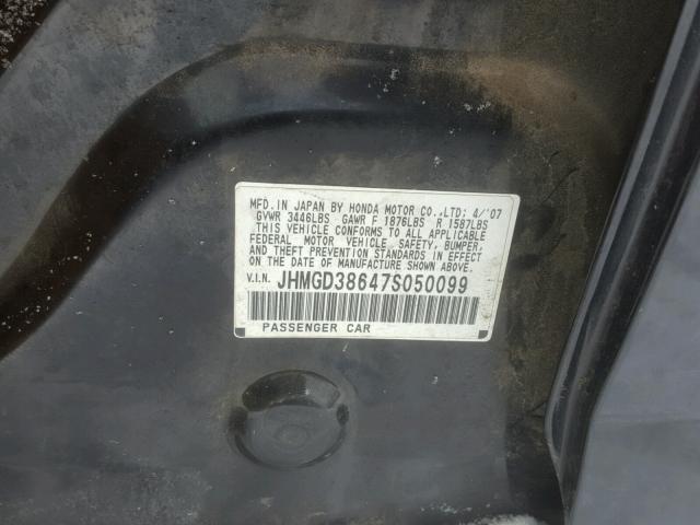 JHMGD38647S050099 - 2007 HONDA FIT S BLACK photo 10