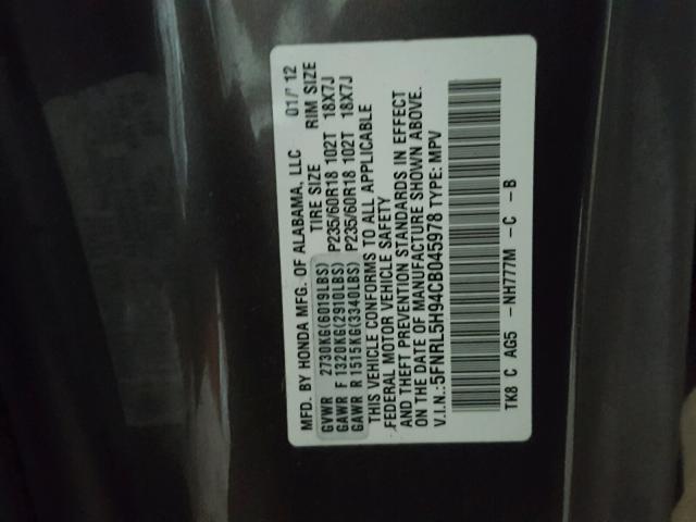 5FNRL5H94CB045978 - 2012 HONDA ODYSSEY TO GRAY photo 10