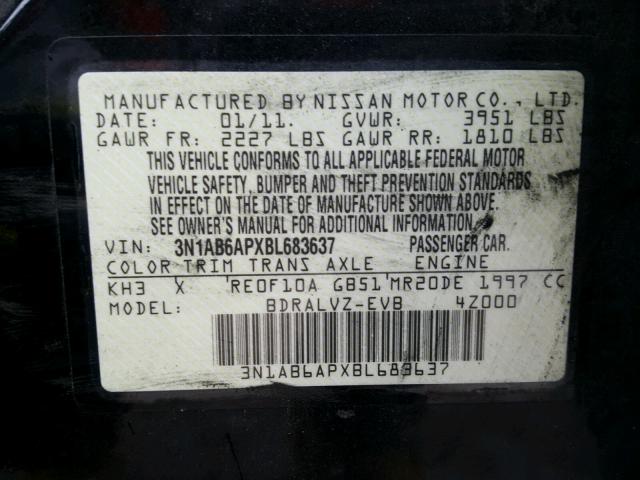 3N1AB6APXBL683637 - 2011 NISSAN SENTRA 2.0 BLACK photo 10