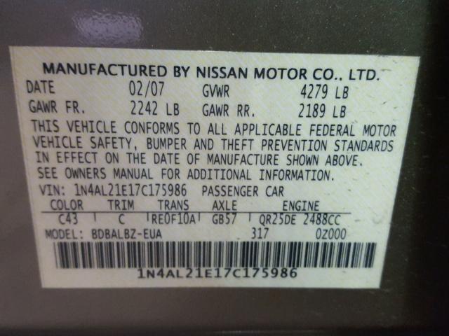 1N4AL21E17C175986 - 2007 NISSAN ALTIMA 2.5 GOLD photo 10