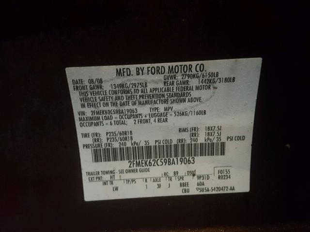 2FMEK62C59BA19063 - 2009 FORD FLEX SEL მუქწითელი ფოტო 10