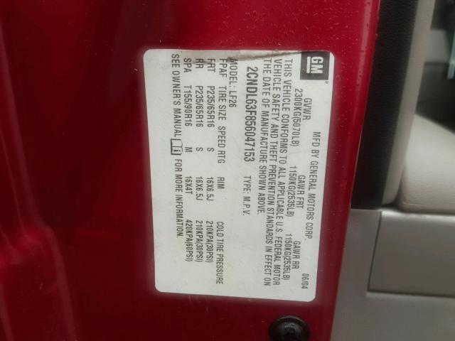 2CNDL63F856047153 - 2005 CHEVROLET EQUINOX LT RED photo 10